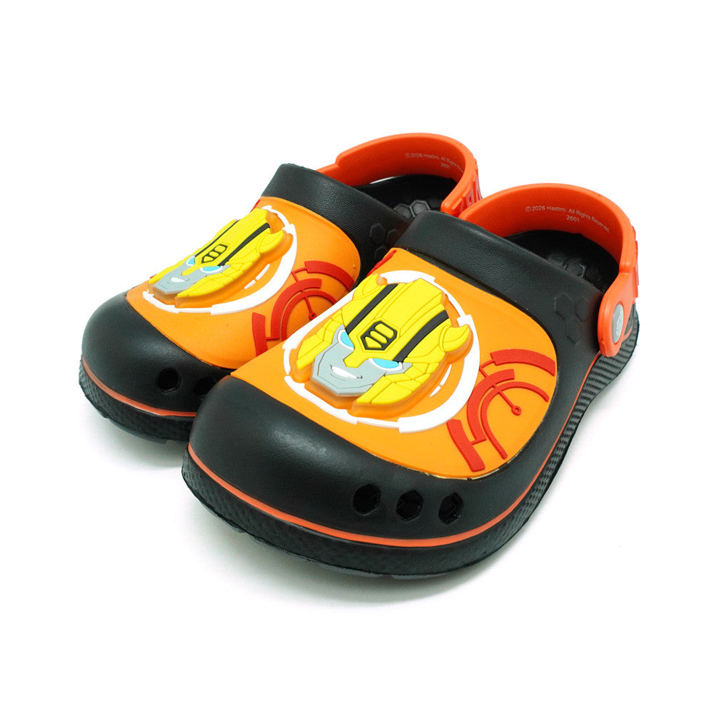 brown black silver grey Transformers clog sandals for kids featuring Optimus Prime and Bumblebee graphics with LED lights.