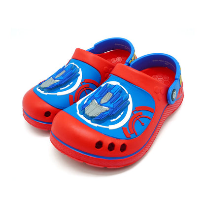 Blue red Transformers clog sandals for kids featuring Optimus Prime and Bumblebee graphics with LED lights