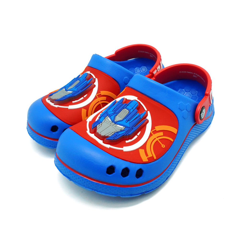 Blue red Transformers clog sandals for kids featuring Optimus Prime and Bumblebee graphics with LED lights