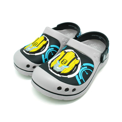 brown black silver grey Transformers clog sandals for kids featuring Optimus Prime and Bumblebee graphics with LED lights.